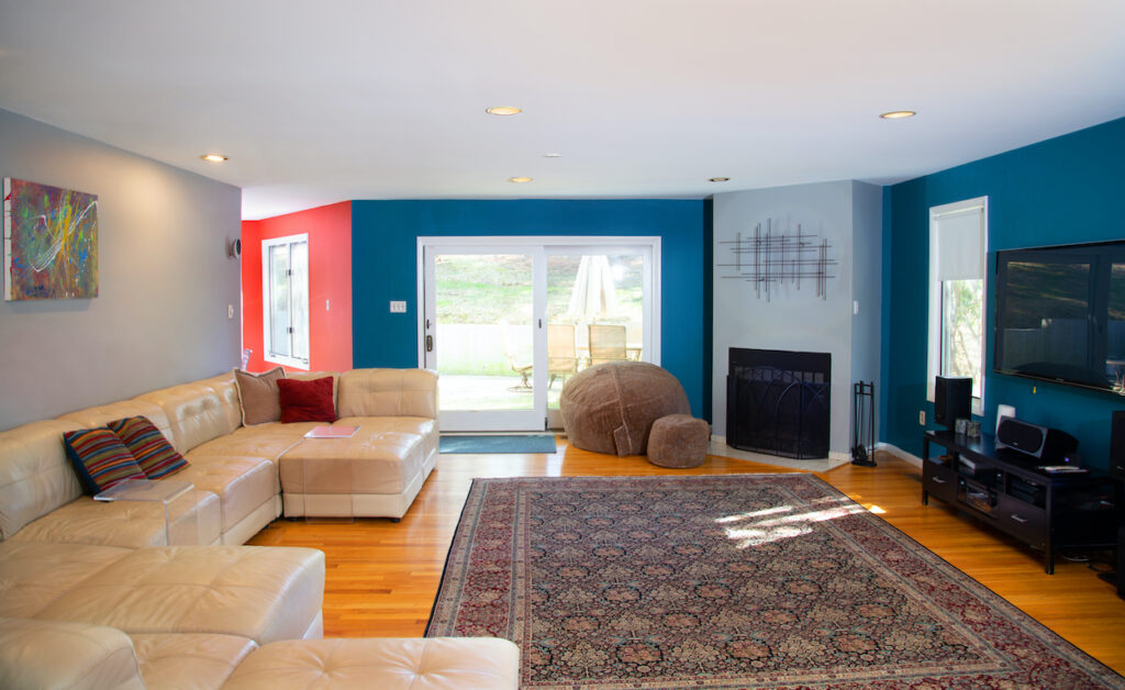 teal and gray family room