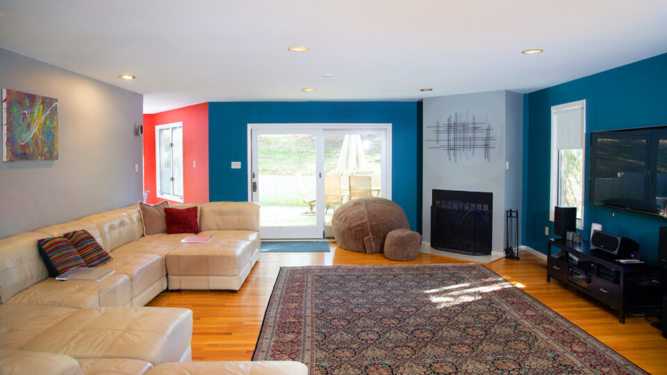 teal and gray family room