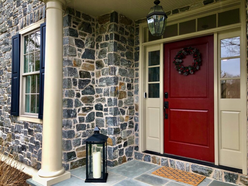 exterior navy shutters red door