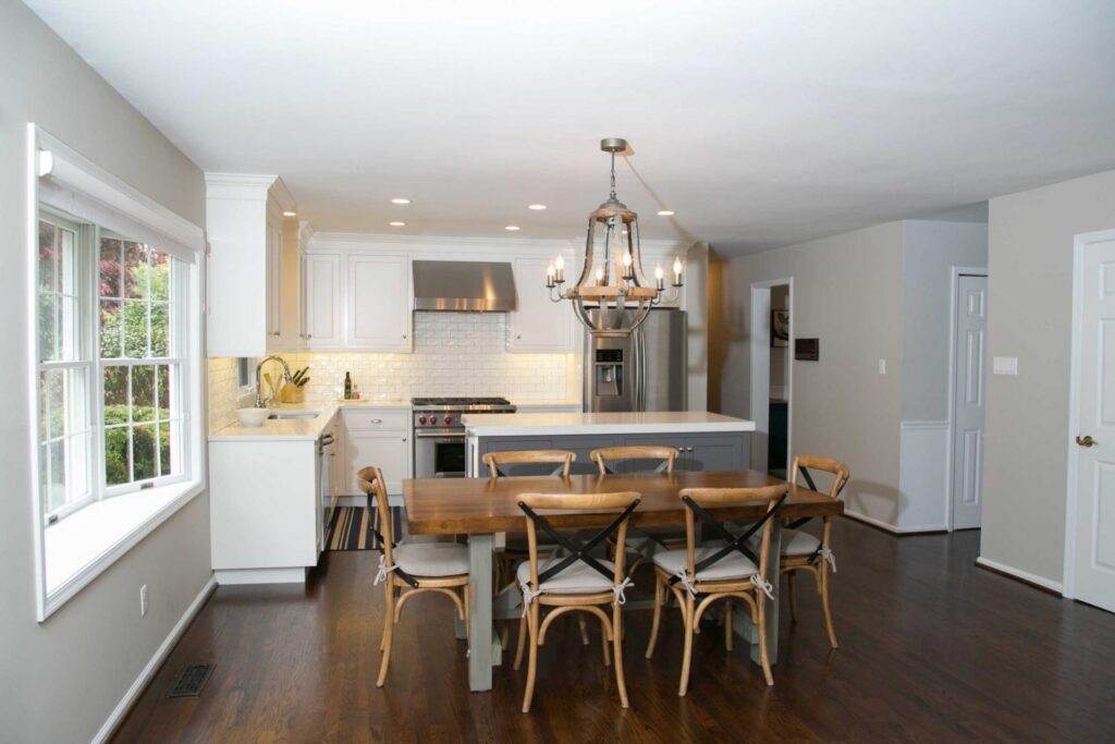 Interior of a kitchen white backwash and tan walls