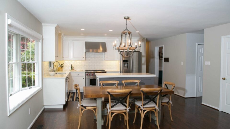 Interior of a kitchen white backwash and tan walls