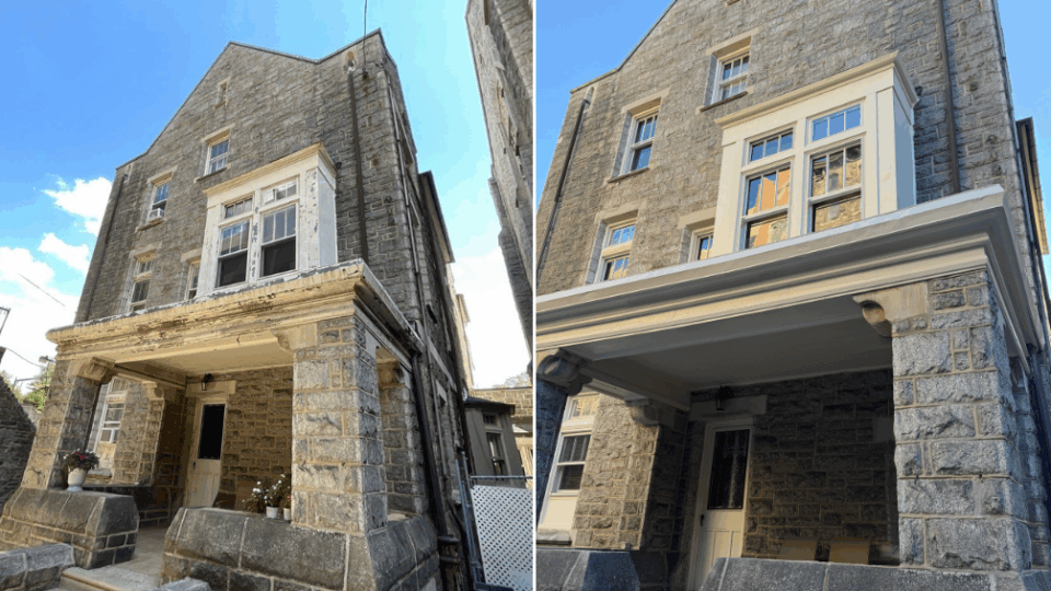 Nolan Painting carpentry team fixes exterior of St. Bridgets Church in Philadelphia