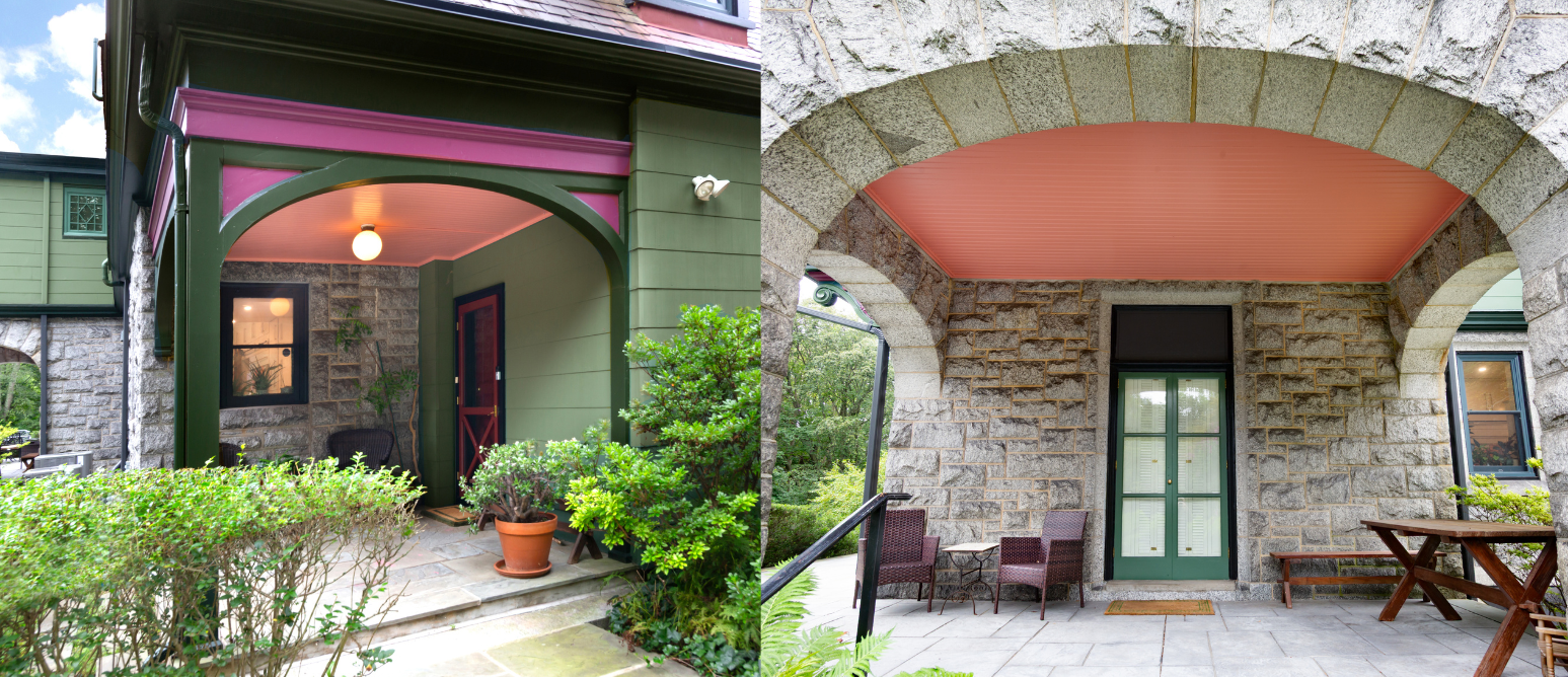 Nolan Painting Company- Havertown, PA Split-view of two entrances: left shows a green porch with a red door, arched trim, potted plant and stone wall; right shows a stone archway patio with pink ceiling, glass doors, and outdoor furniture.