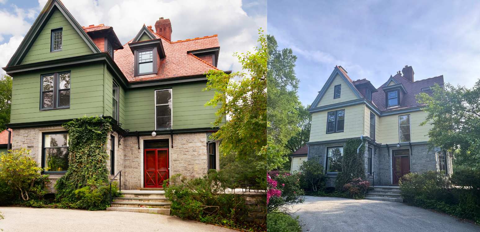 Nolan Painting Company- Havertown, PA Split view of a historic two-story house with green siding, stone base, ivy-covered wall, and a red front door; gravel driveway in front.