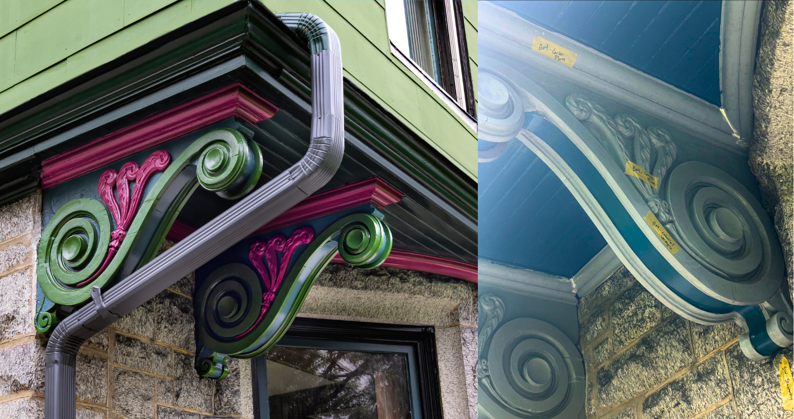 Nolan Painting Company- Havertown, PA Colorful decorative brackets and scrollwork under a roof eave, with a gray downspout beside a stone wall.