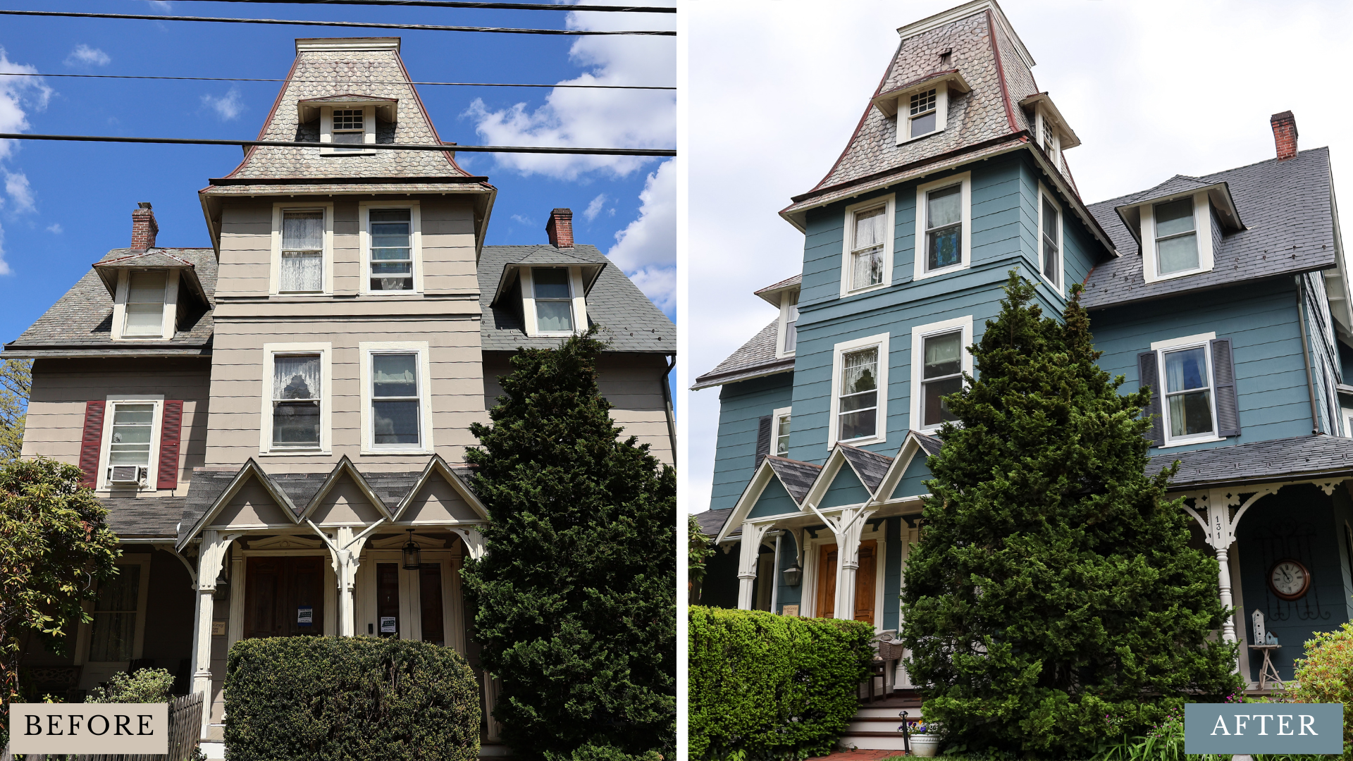 Split image shows a house before and after exterior renovation: left beige siding, right blue siding with white trim and dormer windows.