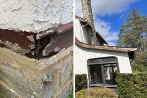 Left: peeling brown trim and crumbling stucco with exposed layers; right: damaged curved roof edge and broken gutter on a house facade.
