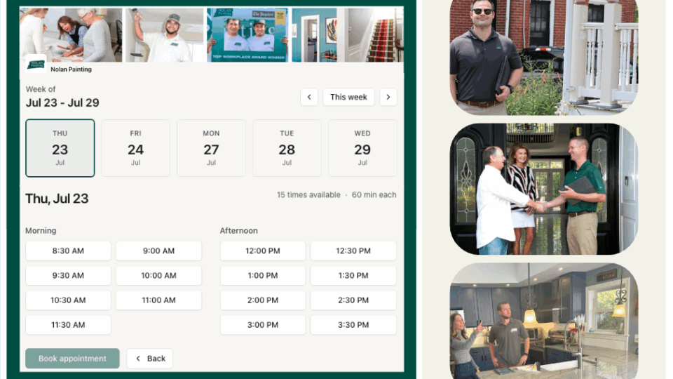 Booking interface showing a week view (Jul 23–29) with selectable time slots and a 'Book appointment' button.