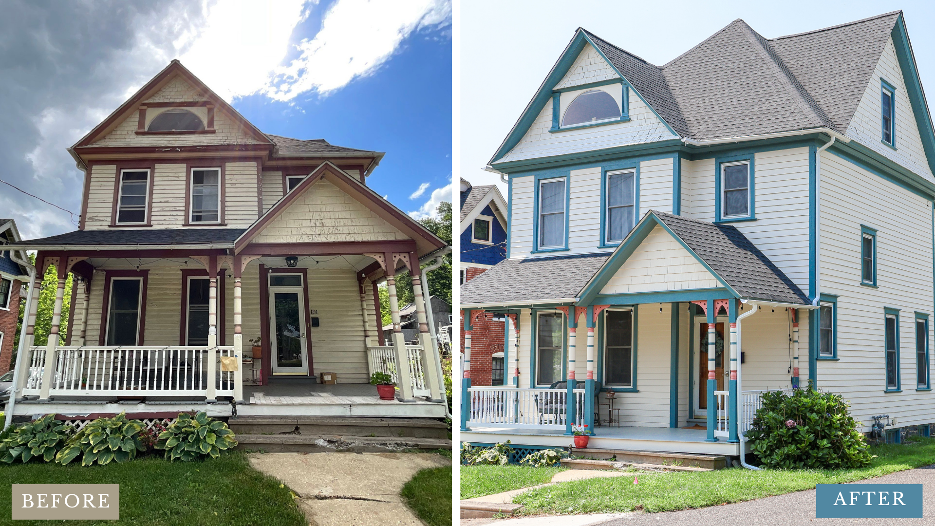 Nolan Painting Company- Havertown, PA Before: Weathered two-story Victorian home with peeling cream siding. After: Refreshed with extensive prep and three-color unique palette.