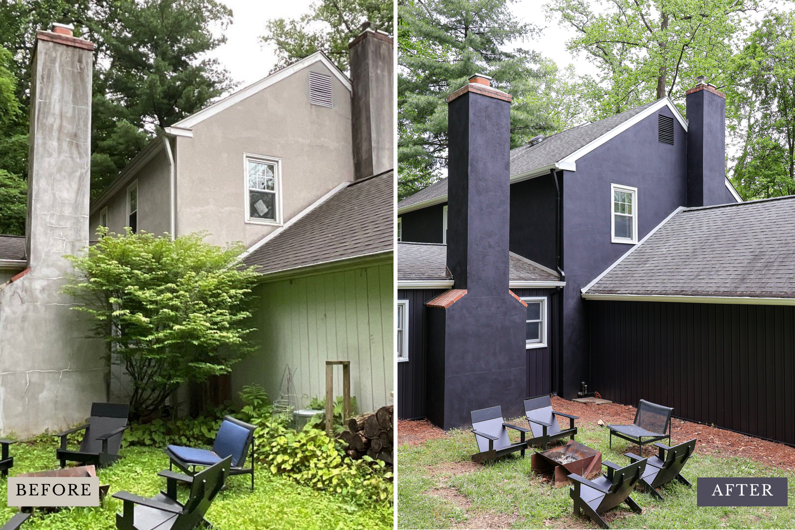 Nolan Painting Company- Havertown, PA Split image showing a house renovation: left side has a weathered beige exterior with overgrown plants; right side shows a freshly painted dark purple exterior with a tidy yard and chairs arranged outside.