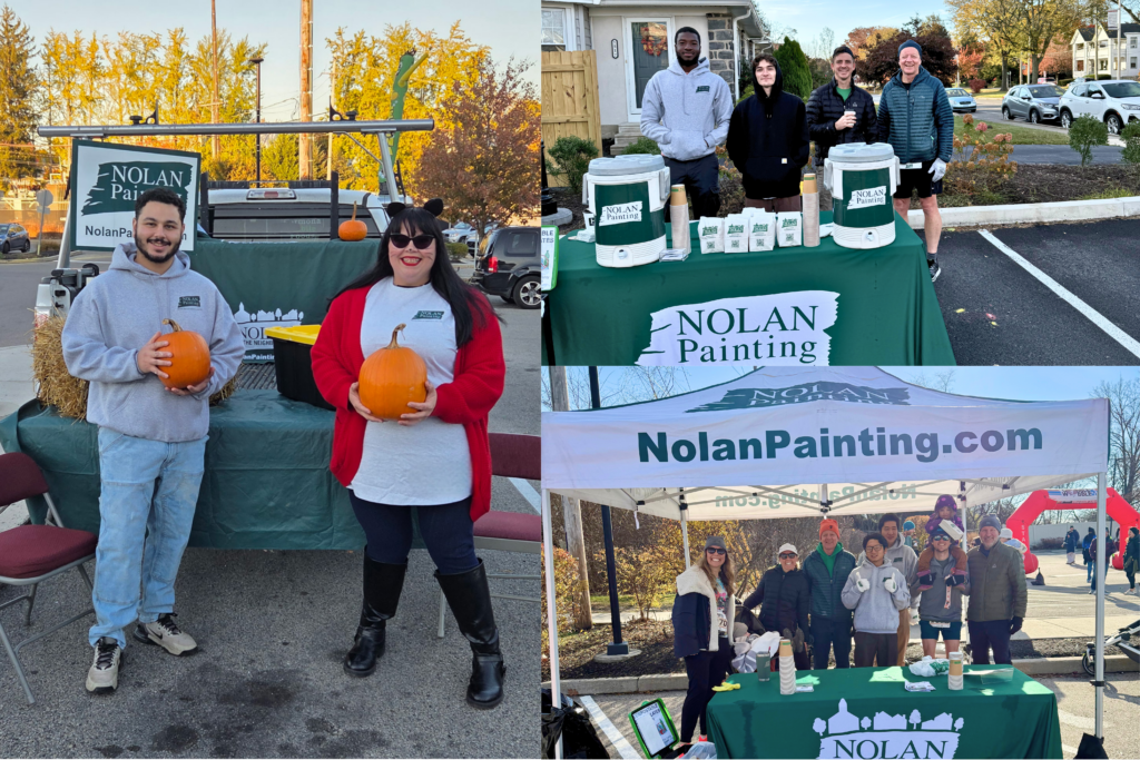People posing at a Nolan Painting event with pumpkins, banners, and a green table cover outdoors (collage of group photos).
