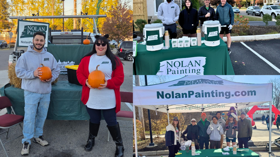 People posing at a Nolan Painting event with pumpkins, banners, and a green table cover outdoors (collage of group photos).