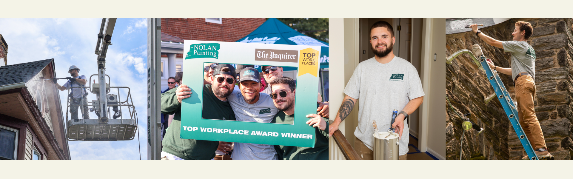 Nolan Painting crew on a four-panel collage: lifting to paint a roof edge, posing with an award frame, a technician by a doorway with paint can, and a worker laddering a stone wall.