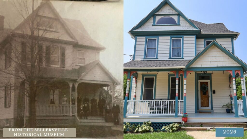 Nolan Painting Company- Havertown, PA Split-image: left is a faded historical photo of a two-story porch house; right is a bright, restored Victorian-style house with teal trim and a front porch (2026 badge).