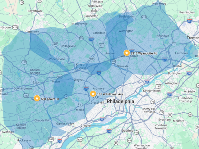 Map of Philadelphia area with three highlighted locations marked by yellow stars: 2313 Wyandotte Rd, 181 W Hillcrest Ave, and 660 Tower Ln, over blue coverage zones.