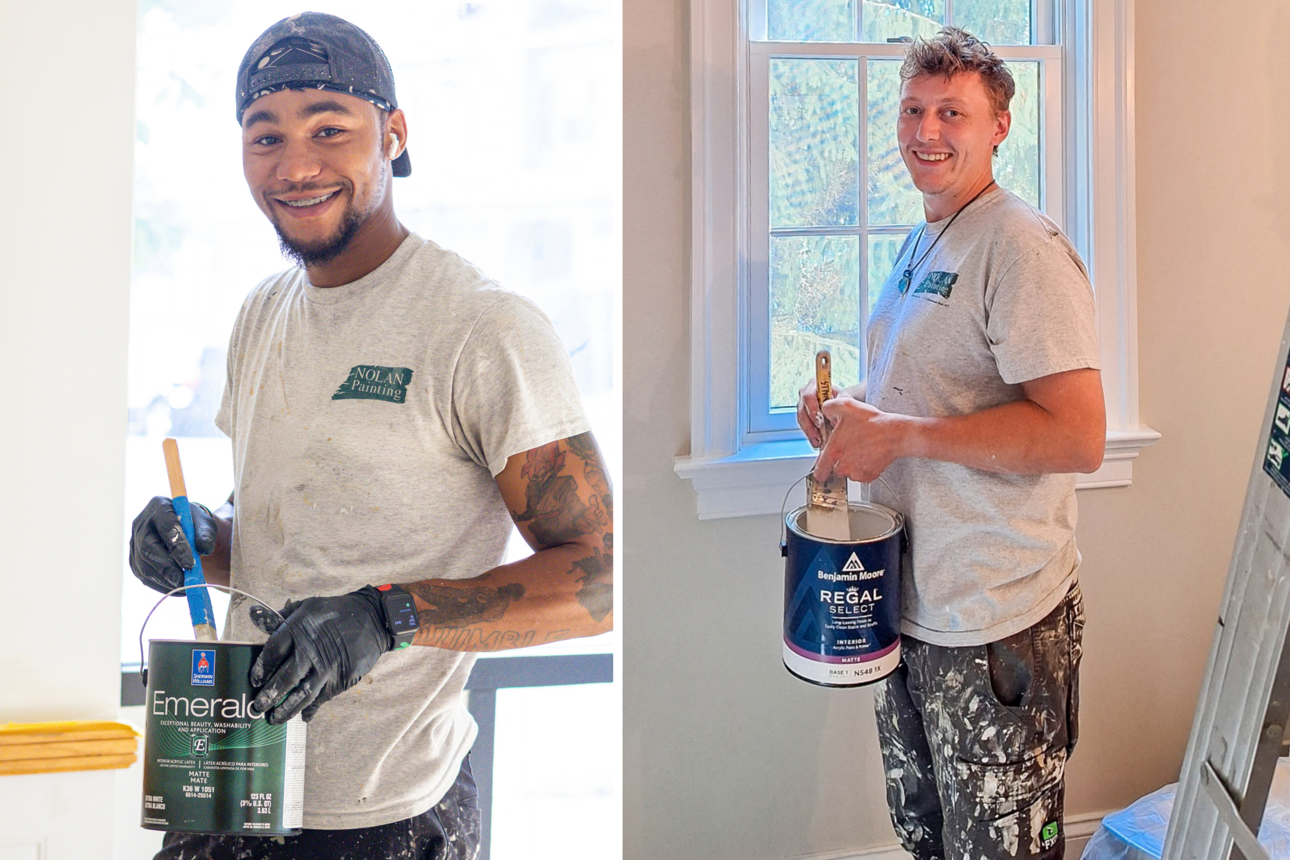 Two painters inside a room: left man in a gray Nolan Painting shirt with a cap and gloves holding a paint can and roller; right man with paint can by a window, wearing paint-splattered clothes.