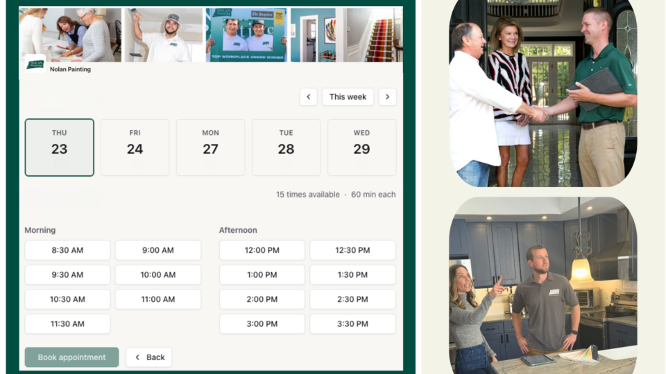 Two-panel layout: left shows a calendar/booking interface with dates and morning/afternoon time slots; right shows two rounded photos of people in a home-improvement context (handshake and kitchen discussion).